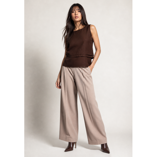 Blusa Regata Linho com Viscose Babado na Cintura Raffa Marrom