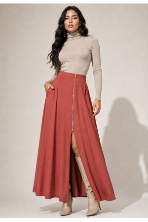 Saia Midi com Zíper Vermelho Telha