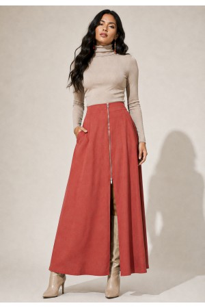 Saia Midi com Zíper Vermelho Telha