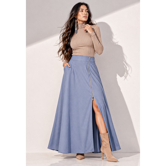 Saia Midi com Zíper Azul Jeans