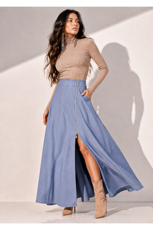 Saia Midi com Zíper Azul Jeans