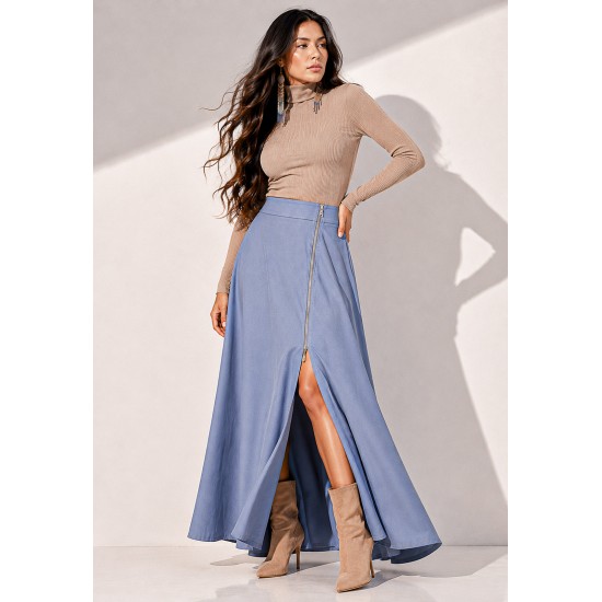 Saia Midi com Zíper Azul Jeans