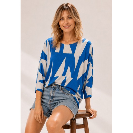 Blusa Morcego Ampla Manga 3/4 Geométrica Blue