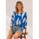 Blusa Morcego Ampla Manga 3/4 Geométrica Blue
