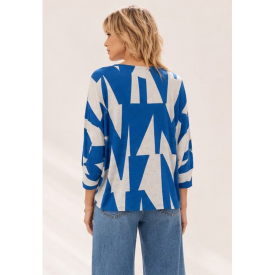 Blusa Morcego Ampla Manga 3/4 Geométrica Blue