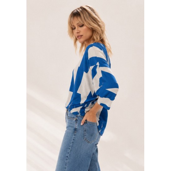 Blusa Morcego Ampla Manga 3/4 Geométrica Blue