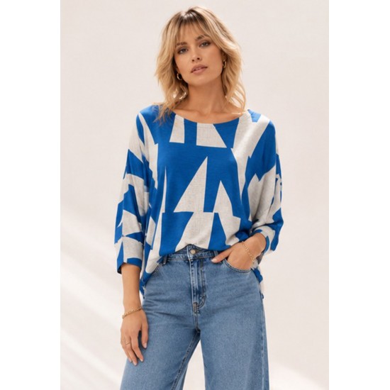 Blusa Morcego Ampla Manga 3/4 Geométrica Blue