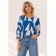 Blusa Morcego Ampla Manga 3/4 Geométrica Blue