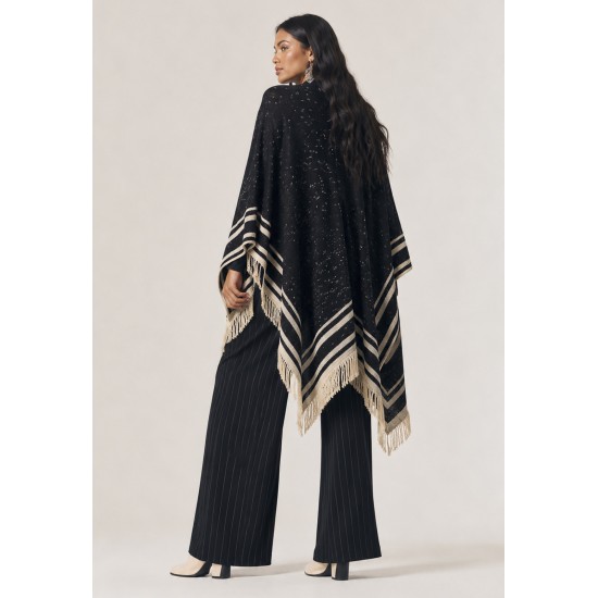 Poncho Tricot Raiz Natural Preto com Franjas