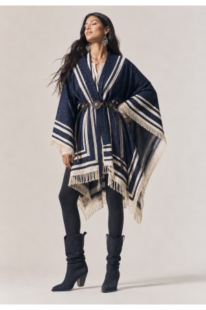 Poncho Tricot Raiz Natural Azul Marinho com Franjas