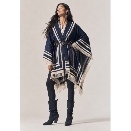 Poncho Tricot Raiz Natural Azul Marinho com Franjas