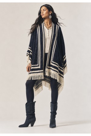 Poncho Tricot Raiz Natural Azul Marinho com Franjas