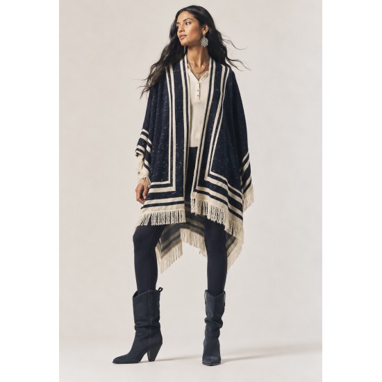 Poncho Tricot Raiz Natural Azul Marinho com Franjas