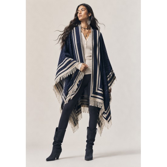 Poncho Tricot Raiz Natural Azul Marinho com Franjas