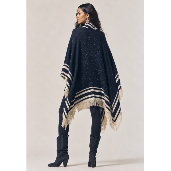 Poncho Tricot Raiz Natural Azul Marinho com Franjas