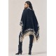 Poncho Tricot Raiz Natural Azul Marinho com Franjas
