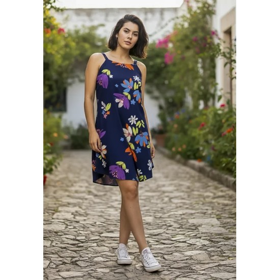 Vestido Curto Mayara Regata Viscose Estampa Festa das Flores Azul