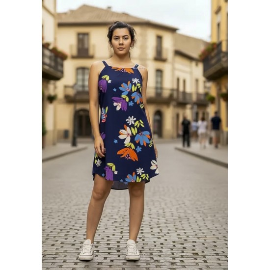 Vestido Curto Mayara Regata Viscose Estampa Festa das Flores Azul