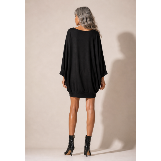 Vestido Curto Malha Morcego Manga 3/4 Preto