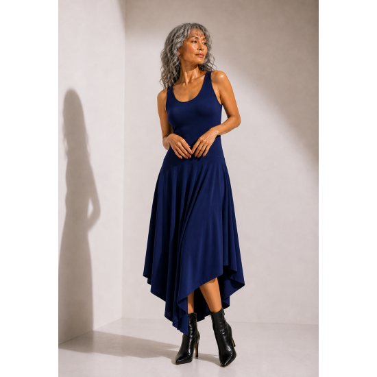 Vestido Midi Baitaca Malha de Bico Azul Marinho