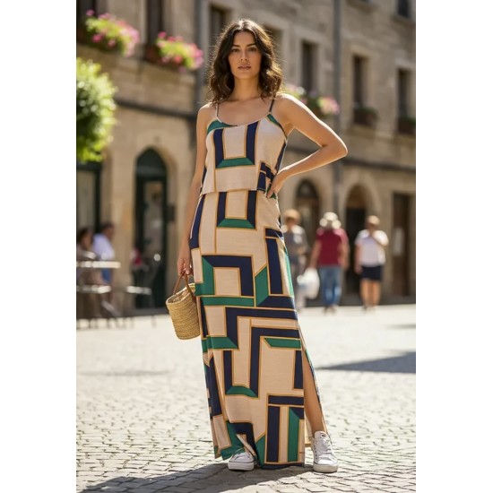 Vestido Longo Amana Malha Aberturas Estampa Chapada de Areia