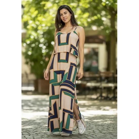 Vestido Longo Amana Malha Aberturas Estampa Chapada de Areia