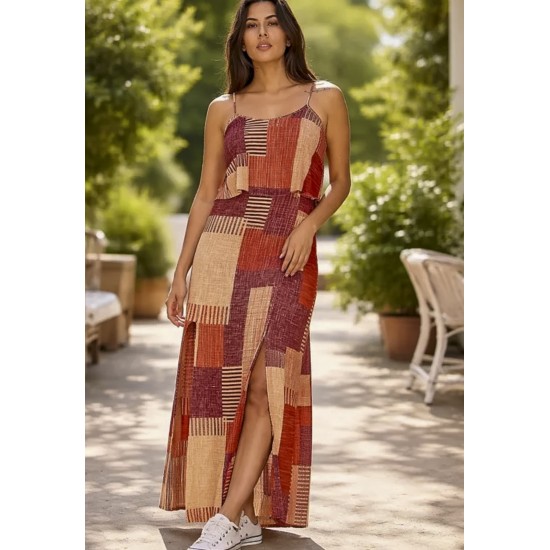 Vestido Longo Amana Malha Aberturas Estampa Tramas do Sol