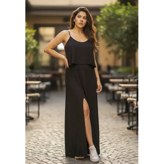 Vestido Longo Amana Malha Aberturas Preto
