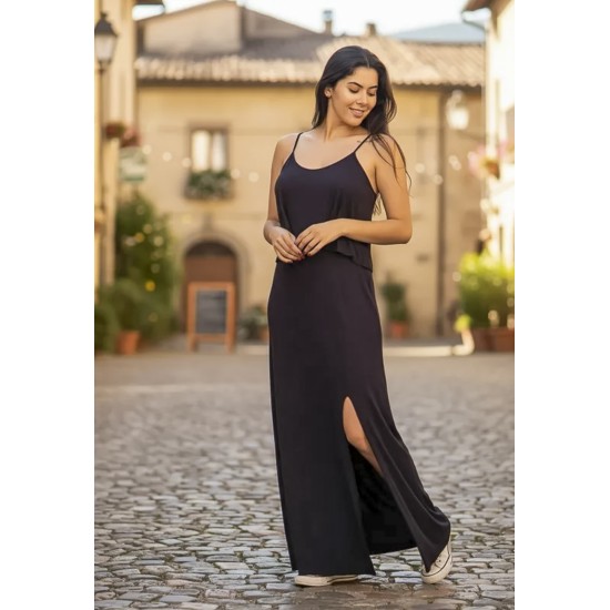Vestido Longo Amana Malha Aberturas Preto