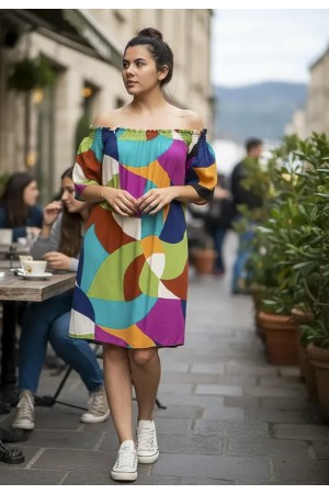 Vestido Curto Itapema Ombro a Ombro Estampa Jardim Azul