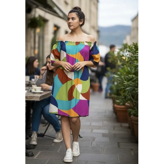 Vestido Curto Itapema Ombro a Ombro Estampa Jardim Azul