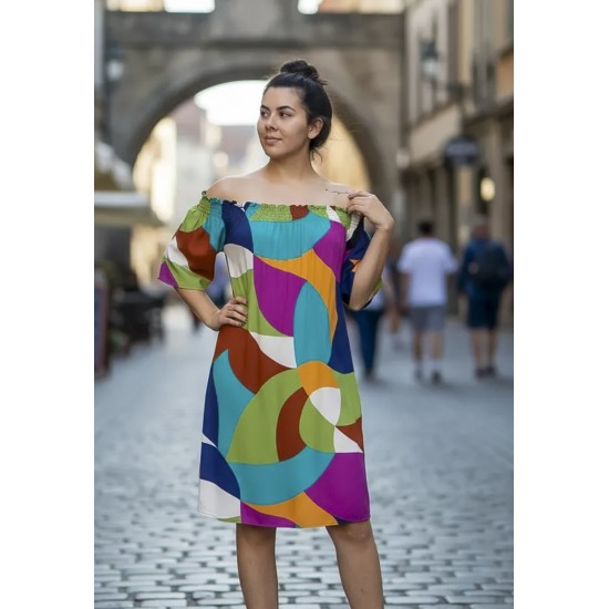 Vestido Curto Itapema Ombro a Ombro Estampa Jardim Azul