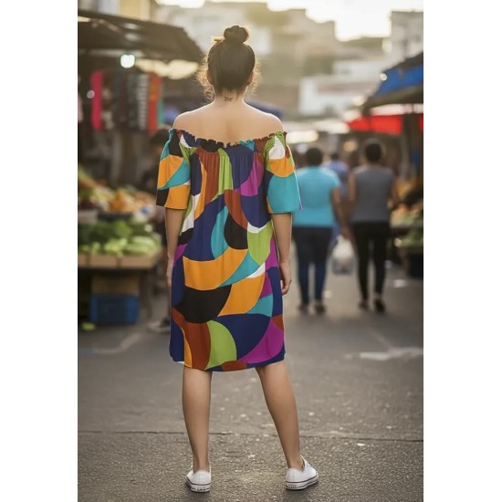 Vestido Curto Itapema Ombro a Ombro Estampa Jardim Azul