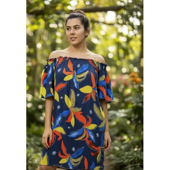 Vestido Curto Itapema Ombro a Ombro Estampa Maré Vibrante