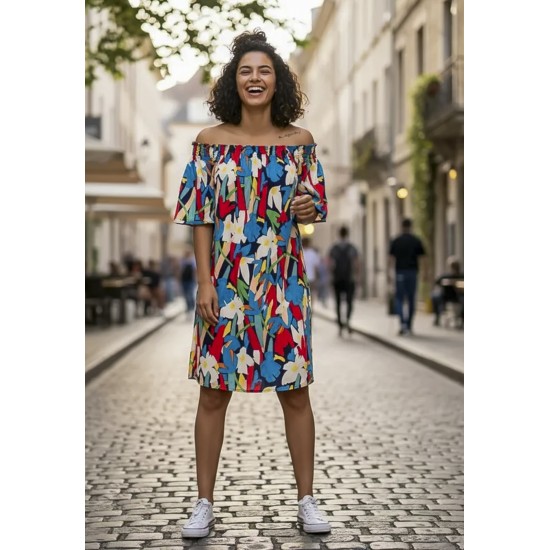 Vestido Curto Itapema Ombro a Ombro Estampa Floresce