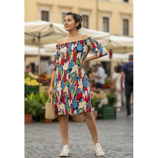 Vestido Curto Itapema Ombro a Ombro Estampa Floresce