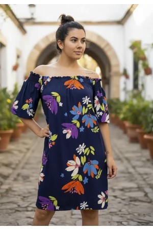 Vestido Curto Itapema Ombro a Ombro Estampa Festa das Flores Azul