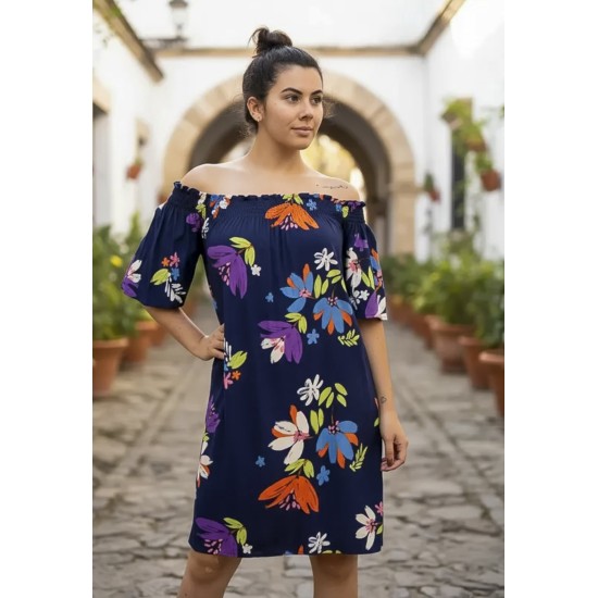 Vestido Curto Itapema Ombro a Ombro Estampa Festa das Flores Azul