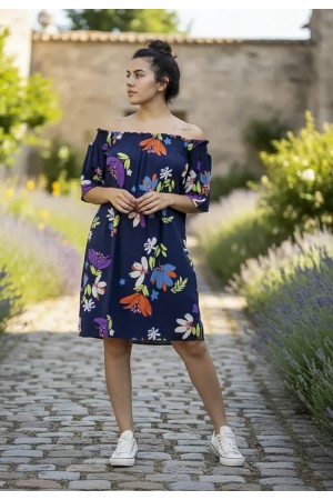 Vestido Curto Itapema Ombro a Ombro Estampa Festa das Flores Azul