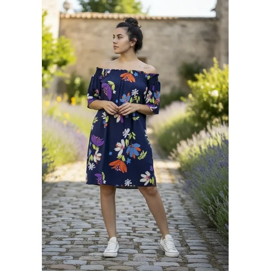 Vestido Curto Itapema Ombro a Ombro Estampa Festa das Flores Azul