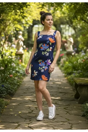 Vestido Curto Jupira Tubinho Viscose Estampa Festa das Flores Azul