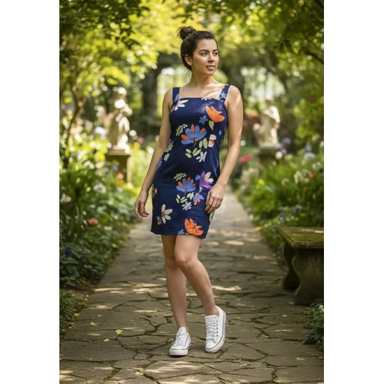 Vestido Curto Jupira Tubinho Viscose Estampa Festa das Flores Azul