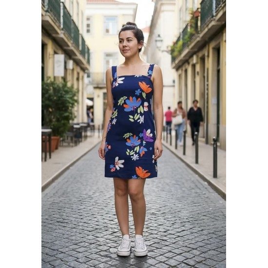 Vestido Curto Jupira Tubinho Viscose Estampa Festa das Flores Azul