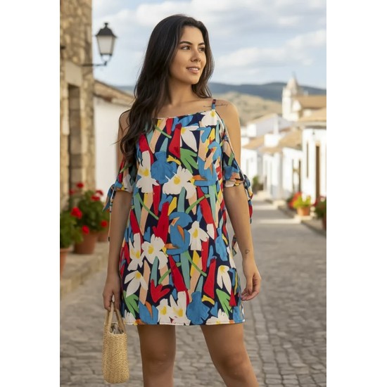 Vestido Curto Jaci Viscose Ombro a Mostra Estampa Floresce