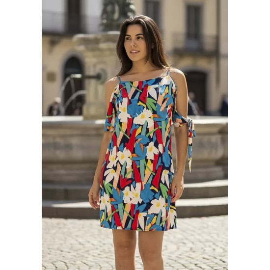Vestido Curto Jaci Viscose Ombro a Mostra Estampa Floresce