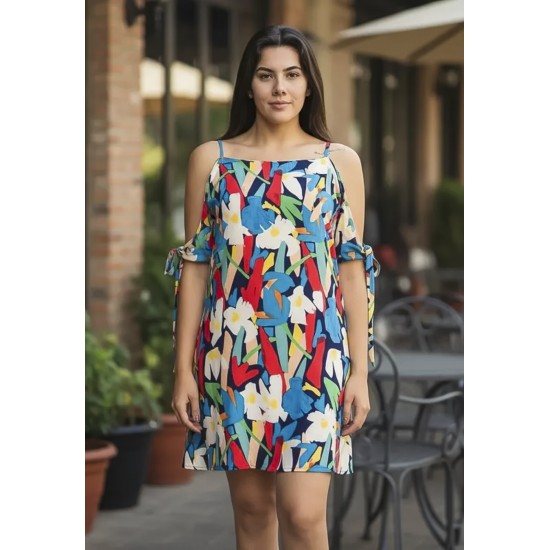 Vestido Curto Jaci Viscose Ombro a Mostra Estampa Floresce