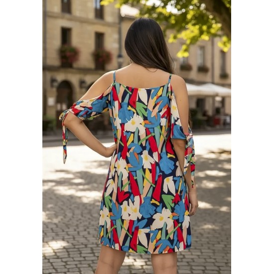 Vestido Curto Jaci Viscose Ombro a Mostra Estampa Floresce