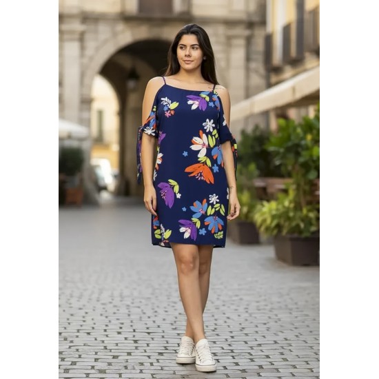 Vestido Curto Jaci Viscose Ombro a Mostra Estampa Festa das Flores Azul