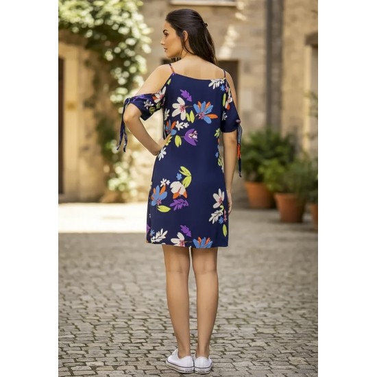 Vestido Curto Jaci Viscose Ombro a Mostra Estampa Festa das Flores Azul