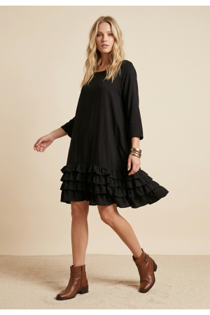Vestido Curto Malha Babados Smoked Preto